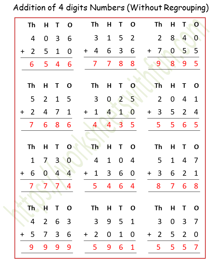 maths class 4 addition of 4 digits numbers without regrouping